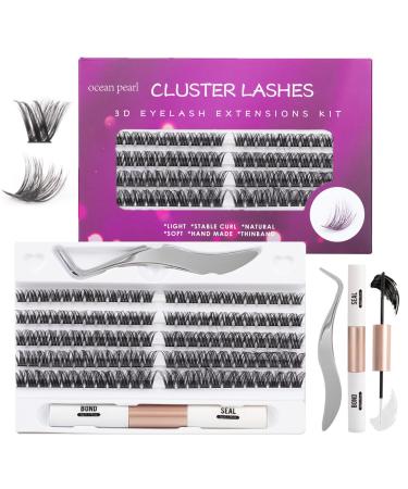 Individual Lashes 120 Cluster Lashes DIY Eyelash Extension Thin Band Wide Stem Lash Clusters with Tweezers and Lash Bond and Seal Lash Extension Kit Mix 10-16mm Length C/D Curl - OP27 120 clusters kit - OP27