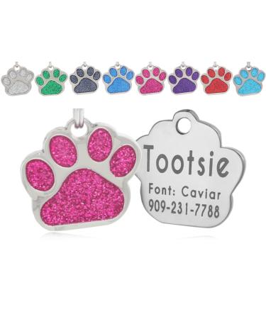 io tags Pet ID Tags, Personalized Dog Tags and Cat Tags, Custom Engraved, Easy to Read, Cute Glitter Paw Pet Tag Pink