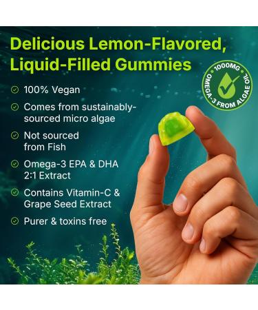 Marine Algae Omega 3 Gummies with 3400mg+ | DHA/EPA/ALA 20:1 Grape Seed Extract Vitamin C & Folate | Heart Brain & Skin | Plant-Based Sugar-Free 60 Ct - Buy Online on GoSupps.com