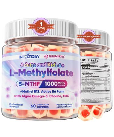 L-Methylfolate 1000 mcg + Methyl B12 Gummies for Kids & Adults - Active 5-MTHF, w/Omega-3 DHA & EPA(3:1), Choline & TMG, B6, Supports MTHFR Gene, Brain, Energy & Methylation, Sugar free, 60 Cts 60 Count (Pack of 1)