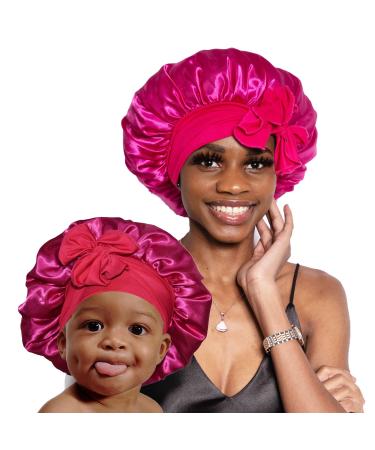Mommy and Me Match Bonnet Set Silk Bonnet Satin Bonnets Hair Bonnet for Sleeping for Women Kids Toddler Infant Girl Boy Night Sleep Hat with Tie Band Natural Curly Hair Hot Pink Mommy-14 Inch  Baby-11 Inch Tie-hot Pink