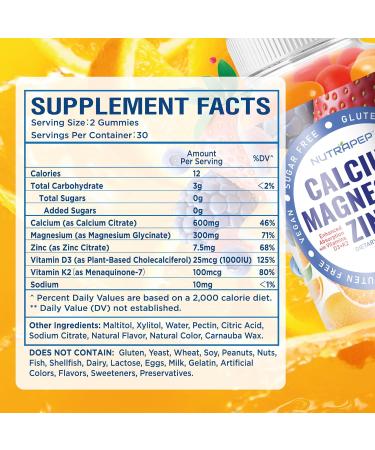 NutraPep Calcium Magnesium Zinc Supplement Gummies - with Vitamin D3 K2 Magnesium Glycinate - Orange Berry Flavored Vegan Sugar-Free Gluten Free Chewable for Men Women Kids - Buy Online on GoSupps.com