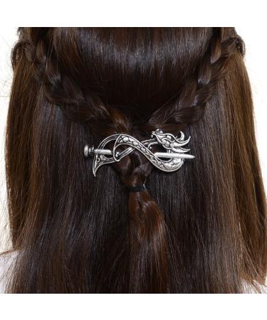 Norse Celtic Wedding Hair Accessories-Viking Antique Silver Dragon Hair Sticks Hairpin Viking Hair Slide Hairpins Men Clips Hair Jewelry Gifts Celtics Knot Hair Barrette for Women(F-B)