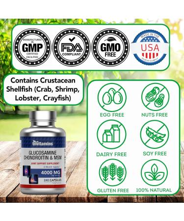 tnvitamins Glucosamine Chondroitin MSM Capsules 240 Count | 4 000 mg Per Serving | 2 000 mg Glucosamine Sulfate 2KCl + 2 000 mg MSM & Chondroitin Blend | Joint Support Supplement - Buy Online on GoSupps.com