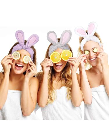 Whaline 4 Pack Easter Rabbit Ear Makeup Headband Set for Women - Coral Fleece Elastic Head Wrap for Party, Beauty Shower - Blue, White, Gray, Purple - Buy Online on GoSupps.com