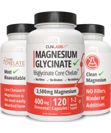 Magnesium Glycinate (Bisglycinate) - 3500mg (400mg Elemental) | Chelated Magnesium Supplement | 120 Capsules / 30 Servings | Highly Bioavailable | Made in UK - GMP Certified