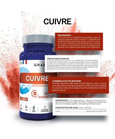 GRANIONS: Immunity and energy COPPER bisglycinate 2 mg-200% of recommended intake-Optimal bioavailability-IMMUNE DEFENSES-Suitable for vegetarians-60 capsules -1 vial 2 months-Made in France - Buy Online on GoSupps.com