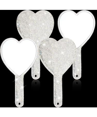 2 Pcs 8.85 Inch Bling Rhinestone Handheld Mirror Dazzling Adorable Heart Shaped Hand Mirrors with Handle Cute Decorative Cosmetic Mirror Portable Travel Glitter Makeup Mirror for Women Girls (Silver)