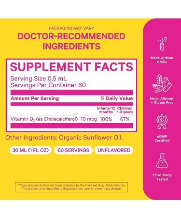 Pink Stork Baby Liquid Vitamin D Drops - 400 IU Vitamin D3 for Infants & Kids - Bone Development & Immune Support - 1 fl oz - Buy Online on GoSupps.com