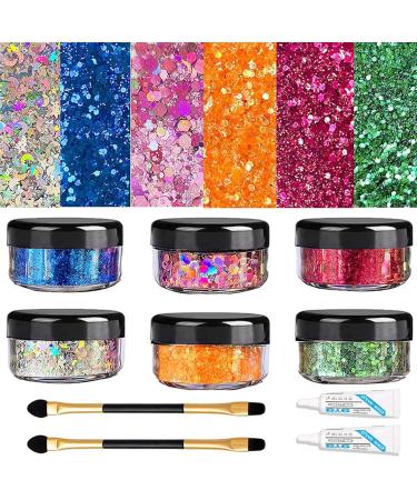 Glitter Face Paint 6 Colors Chunky Glitter Makeup Face Glitter with Glitter Glue for Face Makeup Nail Glitter Holographic Body Glitter Face Glitter for Kids Face Shimmer Bulk