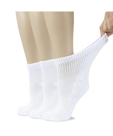 Hugh Ugoli Women's Cotton Diabetic Ankle Socks, Wide, Loose & Stretchy, Seamless Toe & Non Binding Top, Semi Cushion, 3 Pairs 6-9 White