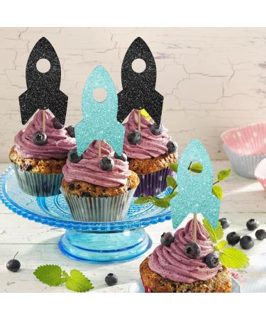 24PCS Rocket Ship Cupcake Toppers Baby Shower Party Decor for Boys Astronaut Dessert Picks Outer Space Themed Birthday Party Decoration - Sky Blue & Black Glitter - Buy Online on GoSupps.com