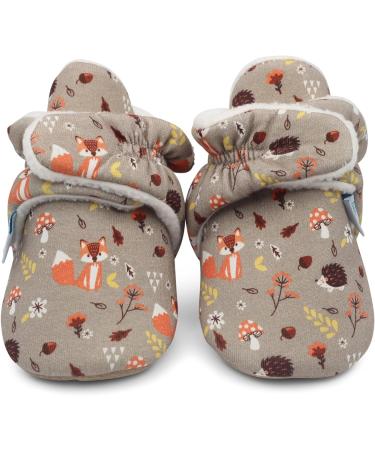 Dotty Fish Cotton Baby Booties with Suede Sole, Warm Fleece Lining | Non-Slip Pram Shoes for Boys, Girls, Unisex | Winter First Shoes 0-6 Months Brown Woodland Animals - Buy Online on GoSupps.com