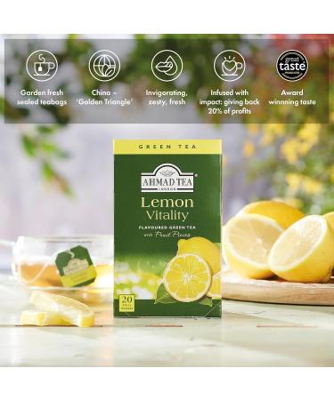 Ahmad Tea Lemon Vitality Green Tea - 20 Teabag Sachets, 20 Count Pack - Refreshing Lemon Flavor - Buy Online on GoSupps.com