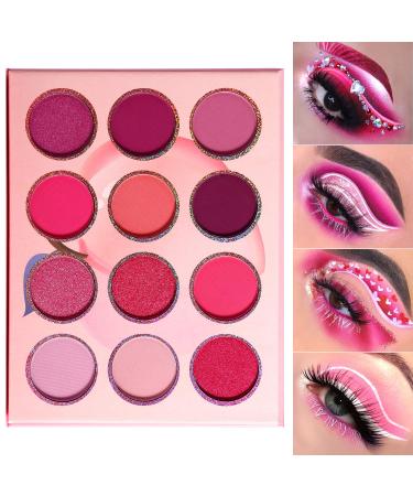 DE'LANCI Pink Purple Eyeshadow Palette Makeup 12 Colors Pigmented Matte Shimmer Cute Eye Shadow Tone Small Bright Peach Red Violet Eyeshadow Pallet Long Lasting Shades For Girl Women Summer Travel