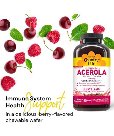 Country Life Acerola Vitamin C Complex 500mg Chewable Berry Flavored Wafers - 180 Wafers | Immune Health Support - Buy Online on GoSupps.com