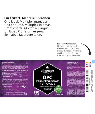 Grape Seed Extract Capsules 450mg OPC + 100mg Vitamin C Antioxidant - 6 Months Supply 180 Capsules | Made in Germany | No Additives | 180 Count - Buy Online on GoSupps.com