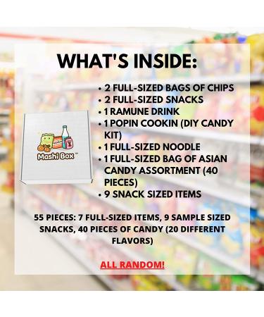Mashi Box Deluxe Asian Dagashi Snack Box - 55 Pieces with Ramune Drink, Noodles, Chips, and Candy - Buy Online on GoSupps.com