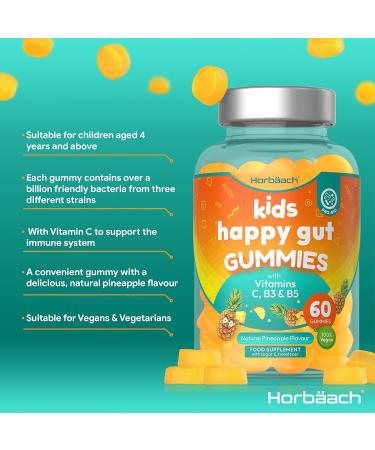 Kids Probiotic Gummies | 60 Natural Pineapple Flavoured Gummies | Gut Health Supplement with Vitamin C, B3 & B5 | Vegan by Horbaach - Buy Online on GoSupps.com