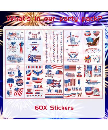 60Pcs American Flag Temporary Tattoo Sticker Set - Waterproof Red, White, and Blue Patriotic Decorations for 4th of July Independence Day Theme Party - Buy Online on GoSupps.com