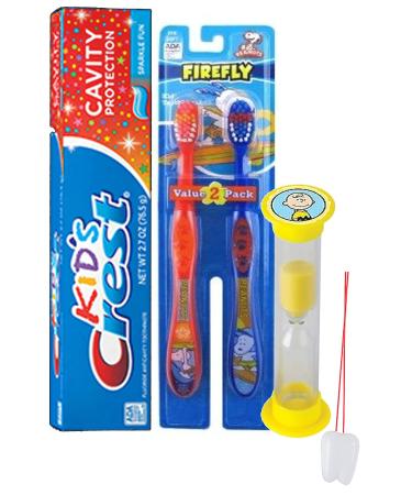 Peanuts Inspired 4pc Bright Smile Oral Hygiene Set! Snoopy Themed 2pk Soft Manual Toothbrush, Crest Kids Toothpaste & Charlie Brown Brushing Timer! Plus Bonus"Remember to Brush" Visual Aid!