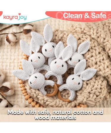 Crochet Bunny Rattle with Wooden Teether Ring - Baby Girls and Boys Diaper Bag Clip Toy - Natural Cotton - Buy Online on GoSupps.com