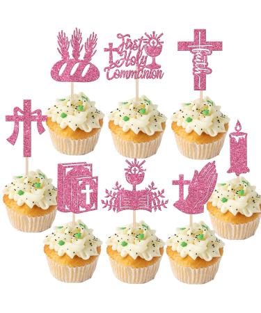 24 Pack First Holy Communion Cupcake Toppers with Glitter Cross Bible Angel God Bless Cupcake Picks First Communion Baptism Religion Theme Birthday Party Cake Decorations Supplies Pink 4-pink-new