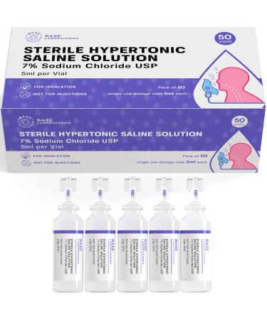 Base Labs 7% Hypertonic Saline Solution for Nebulizer Machine | Sterile Saline Solution for Inhalation | Helps with Respiratory Treatments, Clears Lungs, Mucus & Congestion| 50 Vials 5ml Unit Dose 50 Count (Pack of 1)