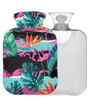 NAANLE hot water bottle with watercolor flowers palm leaves with cover transparent hot water bottle hot bottle for bed handheld warmer pain relief heat and cold therapy small 1 l