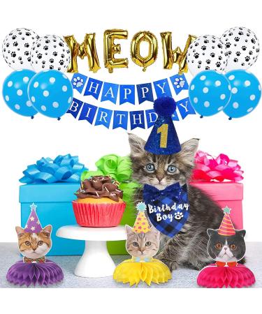 JOTFA Cat Birthday Party Supplies Kitten Bandana with Hat Bow Tie Number Banner Balloons Meow Letter for Decorations Blue - Buy Online on GoSupps.com