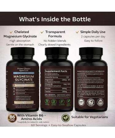 Magnesium Glycinate Supplement Chelated Magnesium with Glycine Taurine & Vitamin B6 (P-5-P) Gentle Non-Laxative Formula 120 Capsules - Buy Online on GoSupps.com