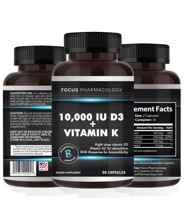 Focus Pharmacology Vitamin K2 with D3 Extra Strength Supplement Bone | Heart Health Non-GMO Formula 10 000 IU Vitamin D3 & 200 mcg Vitamin K2 (MK7) | Easy to Swallow Vitamin K & D 60 Capsules