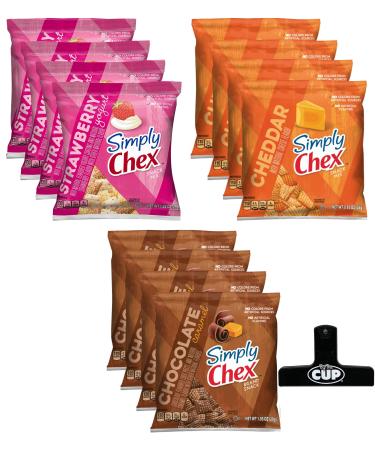 Chex Mix Brand Snack Pack 12 Count 3 Flavor Variety - 4 of Each Flavor, Strawberry Yogurt, Cheddar, Chocolate Caramel with By The Cup Bag Clip