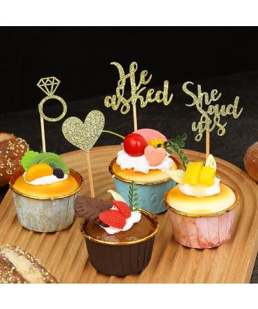 24 Pcs Gold Glitter Wedding Cupcake Toppers He Asked She Said Yes Cupcake Toppers Heart Diamond Ring Wedding Engagement Cupcake Picks Bridal Shower Party Cake Decorations - Buy Online on GoSupps.com