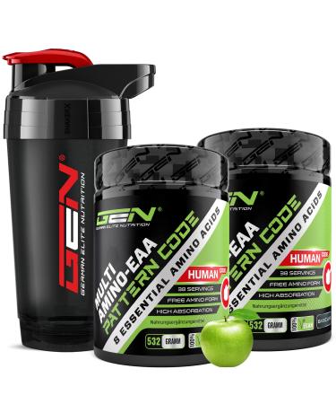2x EAA powder Green Apple + Premium Shaker - Human Code Formula - All 8 essential amino acids - Amino workout drink - Delicious taste - vegan (2x - 532 g) Shaker + 2x Green Apple 532 g (2 Pack) + shaker