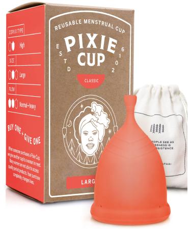 Pixie Menstrual Cup - Includes Ebook Guide, Cleaning Wipes, Lube, & Storage Bag - Number 1 for Most Active Reusable Period Cup - Tampon and Pad Alternative - Buy One We Give One (Large) Large (Pack of 1)