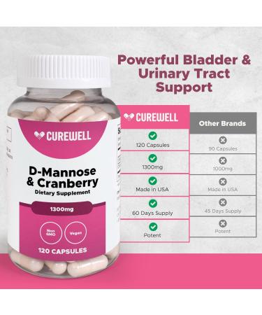 CUREWELL D-Mannose & Cranberry 1300mg (120 Capsules) | Vegan & Non-GMO Urinary Tract Health Supplement | UTI Defense & Bladder Support for Women & Men | Natural Urinary Cleanse & Immune Support - Buy Online on GoSupps.com