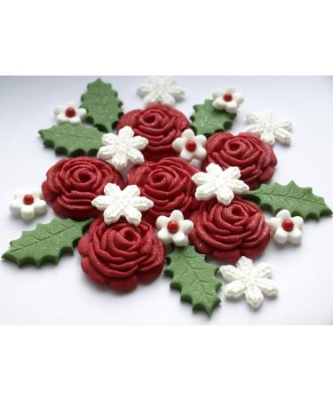 24x Red Roses Holly Leaves Christmas Cake Toppers Edible Winter Sugar Flowers Cake Cupcake Decorations - Buy Online on GoSupps.com