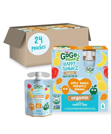 GoGo squeeZ Happy TummieZ Organic Apple Mango Pineapple Banana - 24 Pack Kids Snacks, Gluten Free, Vegan, Prebiotic Fiber - Buy Online on GoSupps.com