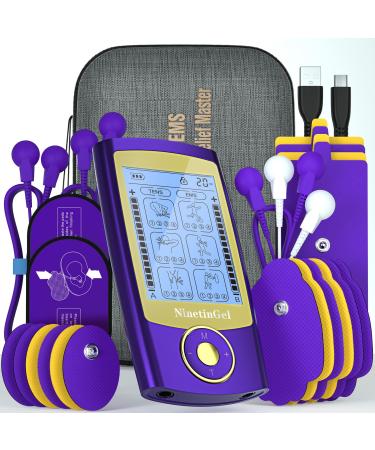 NinetinGel Tens Unit Muscle Stimulator  EMS Muscle Relaxer Ab Stimulator  16 Different Sized Pads with Protective Case Included  Ideal for Muscle Pain Relief, Muscle Soreness, Relaxing A.purple