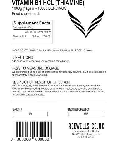 Vitamin B1 Powder (Thiamine HCl) - REDWELLS - 1000g Vegan No Additives 1kg Pack - International Shipping Available - Buy Online on GoSupps.com