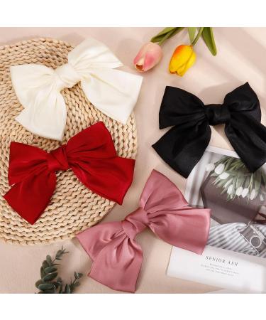 4 Pack Bows Hair Clip for Women Silky Satin Hair Bows Big Bowknot Hairpin with Ribbon Solid Color French Hair Barrette for Women Girls Red+Black+White+Pink - Buy Online on GoSupps.com
