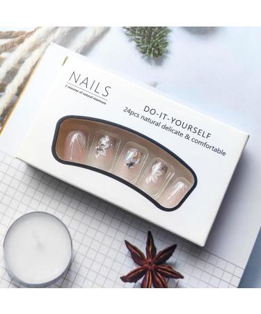 V French Tips Short Square Press-On Nails | Flower Acrylic Fake Nails with Rhinestones & Glitter | Glossy Nude Glue-On Nail Art for Daily Wear - Buy Online on GoSupps.com
