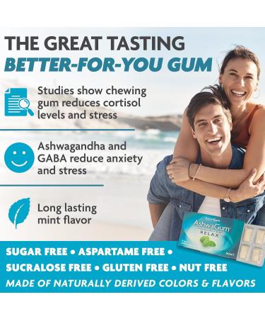 AshwaGum RELAX Gum by BetterGum High Potency Supplement with KSM 66 Ashwagandha and Gaba Supports Stress and Anxiety Relief Cortisol Support Alternative to Gummies Sugar-Free 10 Pieces - 6 Pack - Buy Online on GoSupps.com