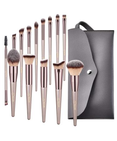 Makeup Brushes, Conical Handle Professional Premium Synthetic Makeup Brush Set Kit With Case Bag for Blending Foundation Powder Blush Eyeshadow,14 Count Champagne Gold with bag