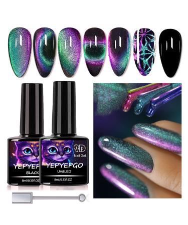 YEPYEPGO Cat Eye Gel Nail Polish  Upgrade 9D Cat Eye Gel Nail Polish with Black Color Gel  High Pigment Double Colors Magnetic Gel Galaxy Chameleon Effect Professional Use for Salon-A X9D-A