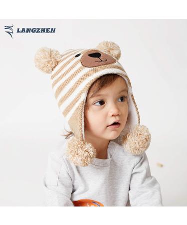 LANGZHEN Toddler Winter Hat Earflap Knit Cap Fleece Lined Beanie for Baby Boys Girls 6-12 Months - Beige Stripe - Buy Online on GoSupps.com
