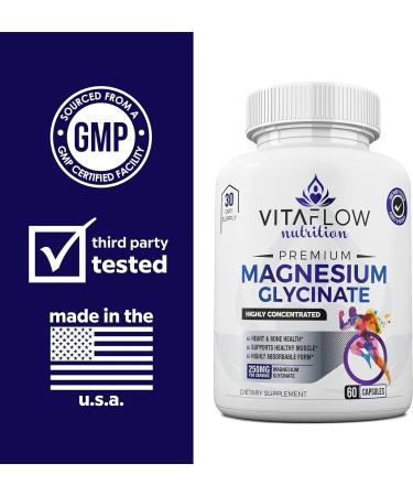 VitaFlow Nutrition Magnesium Glycinate Supplement - 60 Capsules 250mg - 30 Day Supply - High Absorption for Muscle, Heart, Bone & Nerve Support - Men & Women - Buy Online on GoSupps.com