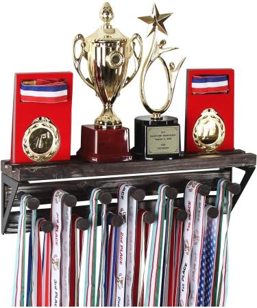 JACKCUBE DESIGN Rustic Trophy Display Shelf with Medal Hangers, Wall Mount Display Shelf with 13 Hooks for Sports Award Medals Trophies