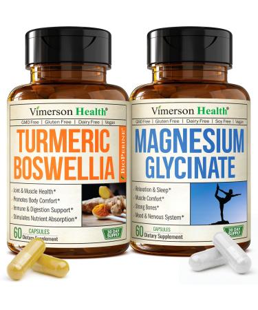 Boswellia Turmeric Curcumin Supplement + Pure Magnesium Glycinate 200mg Bundle Supports Joint Health Sleep Relaxation Muscle & Women s Wellness with Ginger Root Organic Turmeric Powder